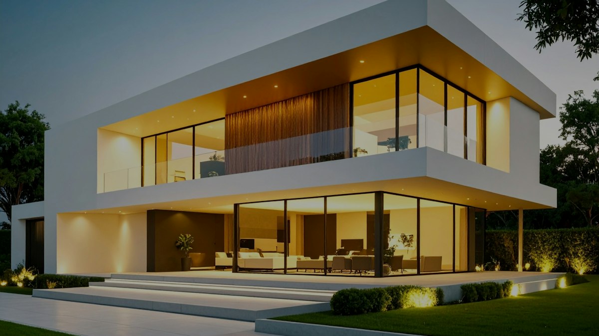 Modern two-storey house glowing with warm lights at dusk